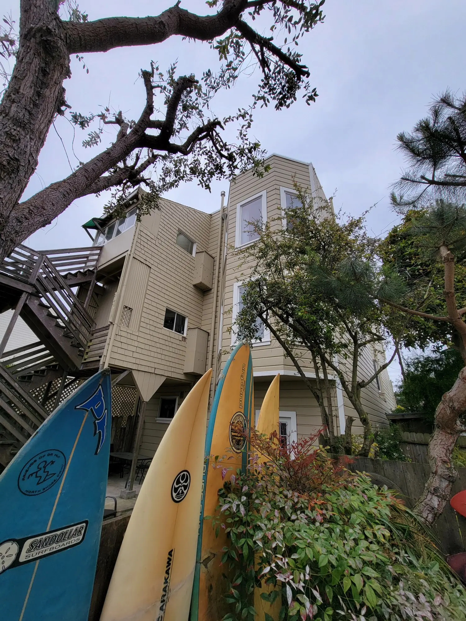 Surfboards standing upright near a multi-story beach house surrounded by trees.