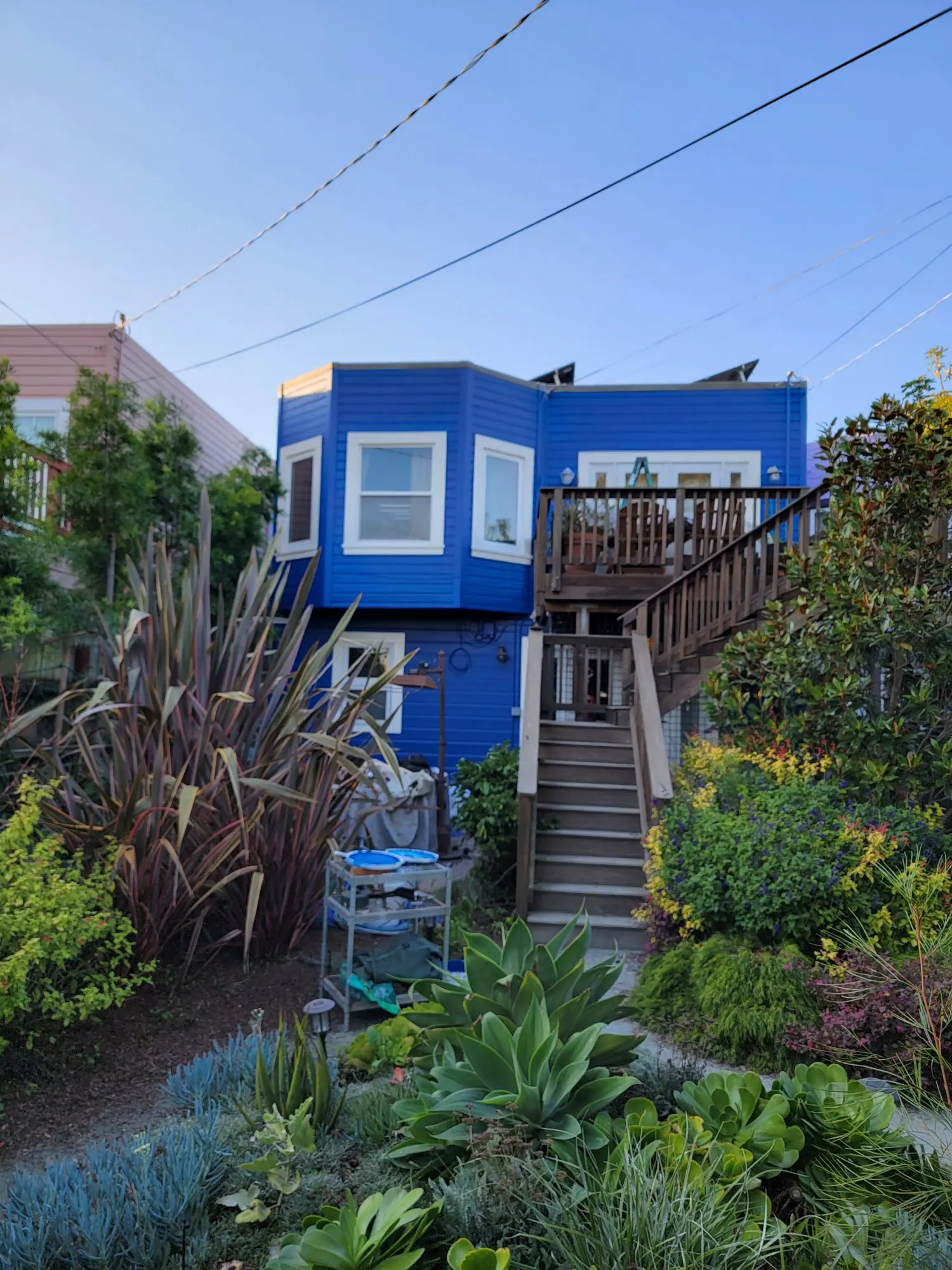Blue house with a wooden staircase and lush garden.