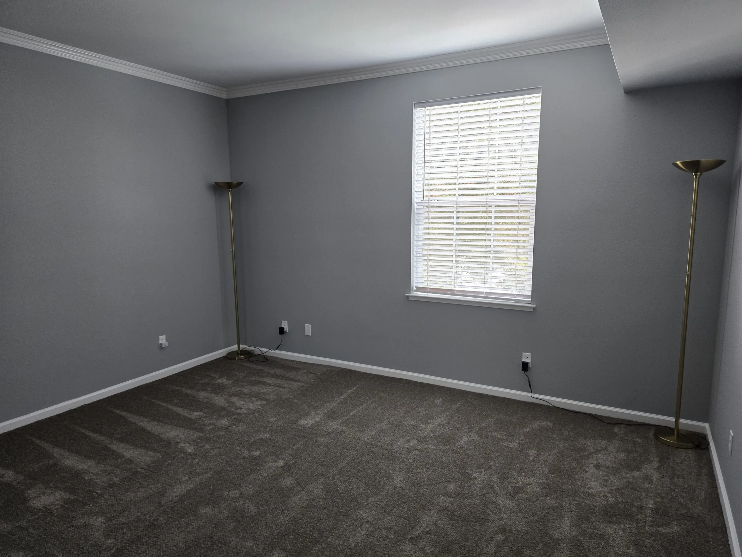 Empty room with gray walls and carpet, single window letting in light.