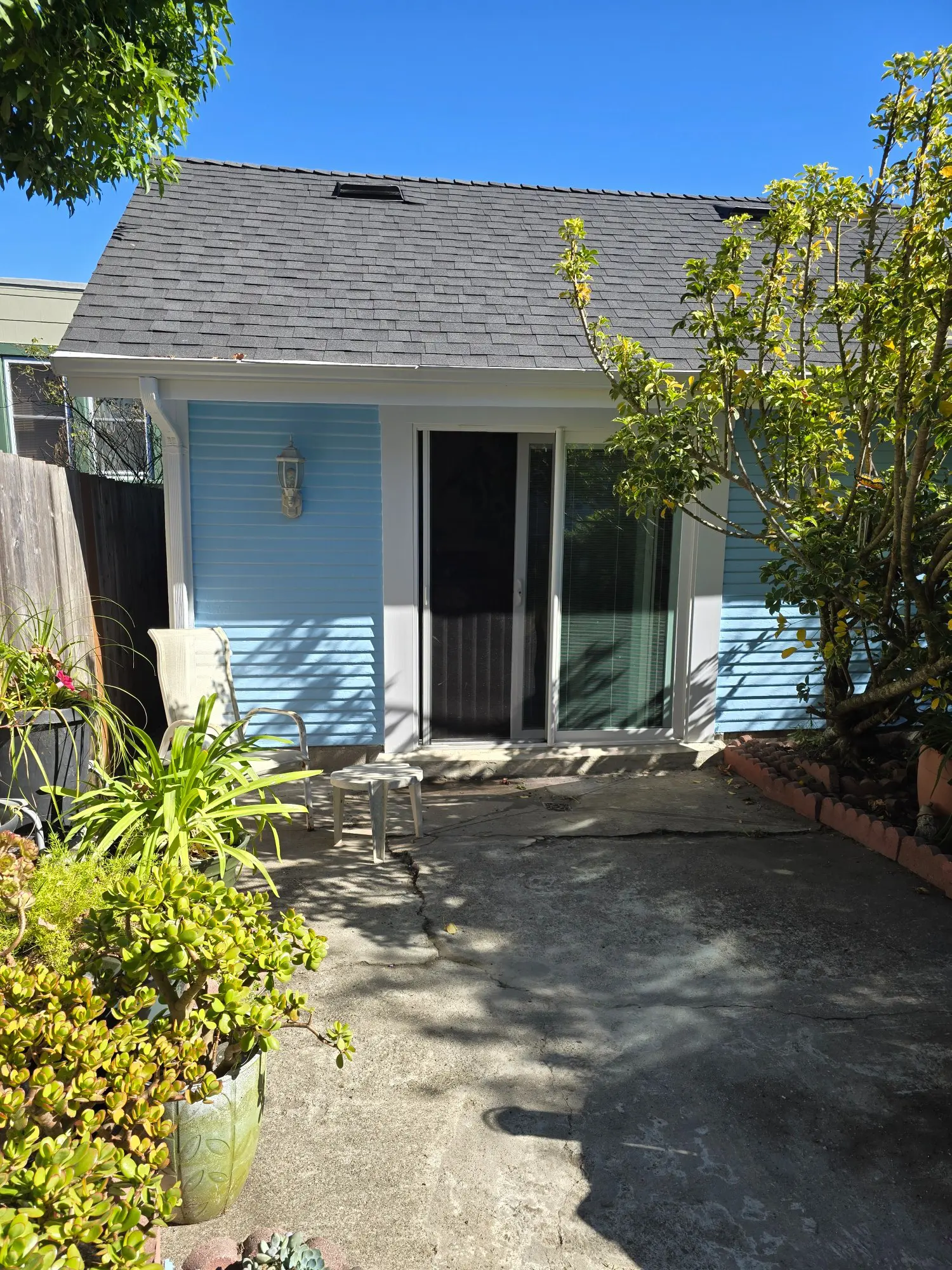 Small blue backyard shed with sliding glass doors and surrounding plants.