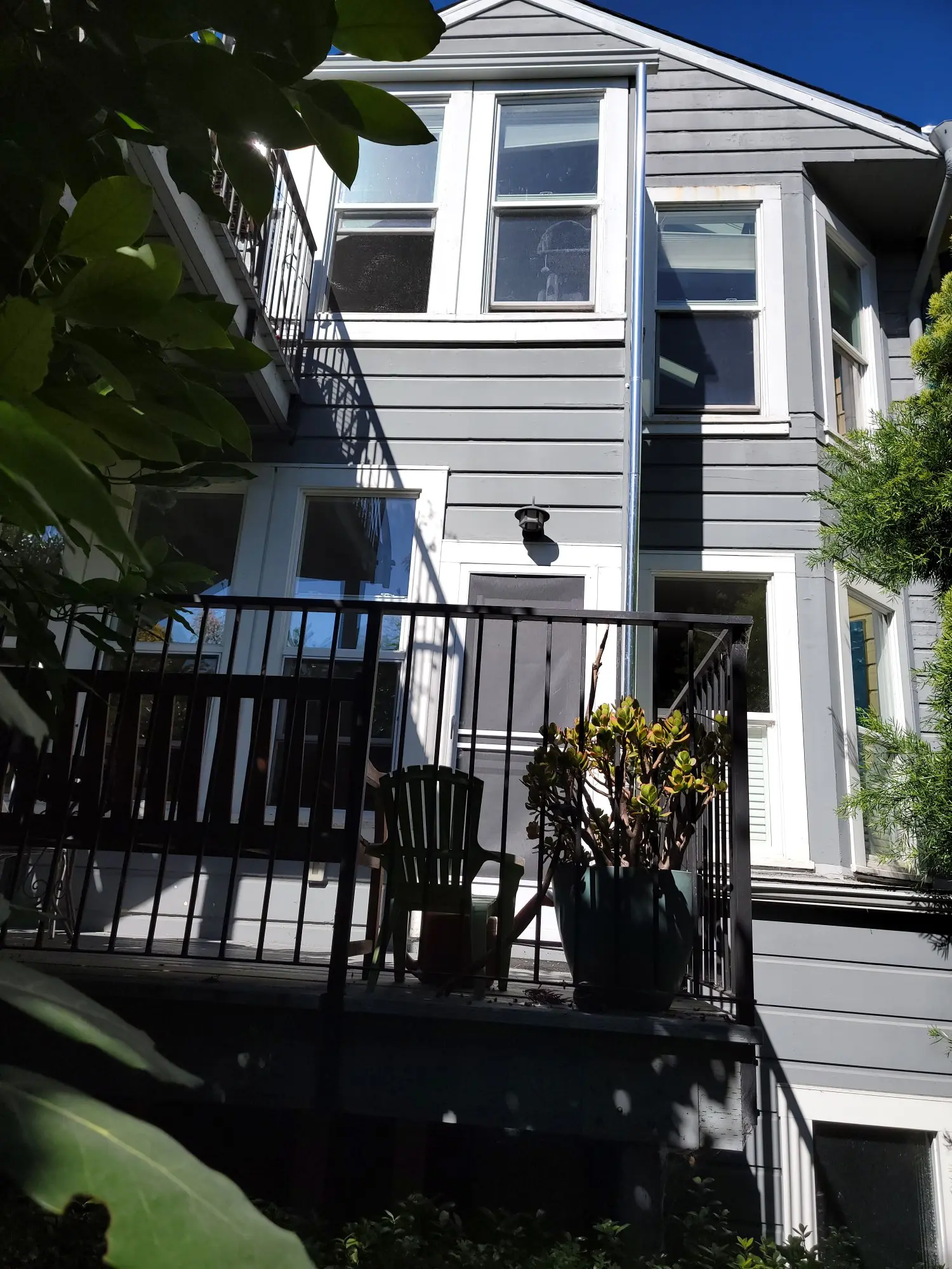 Modern gray house with black railing and outdoor plants.