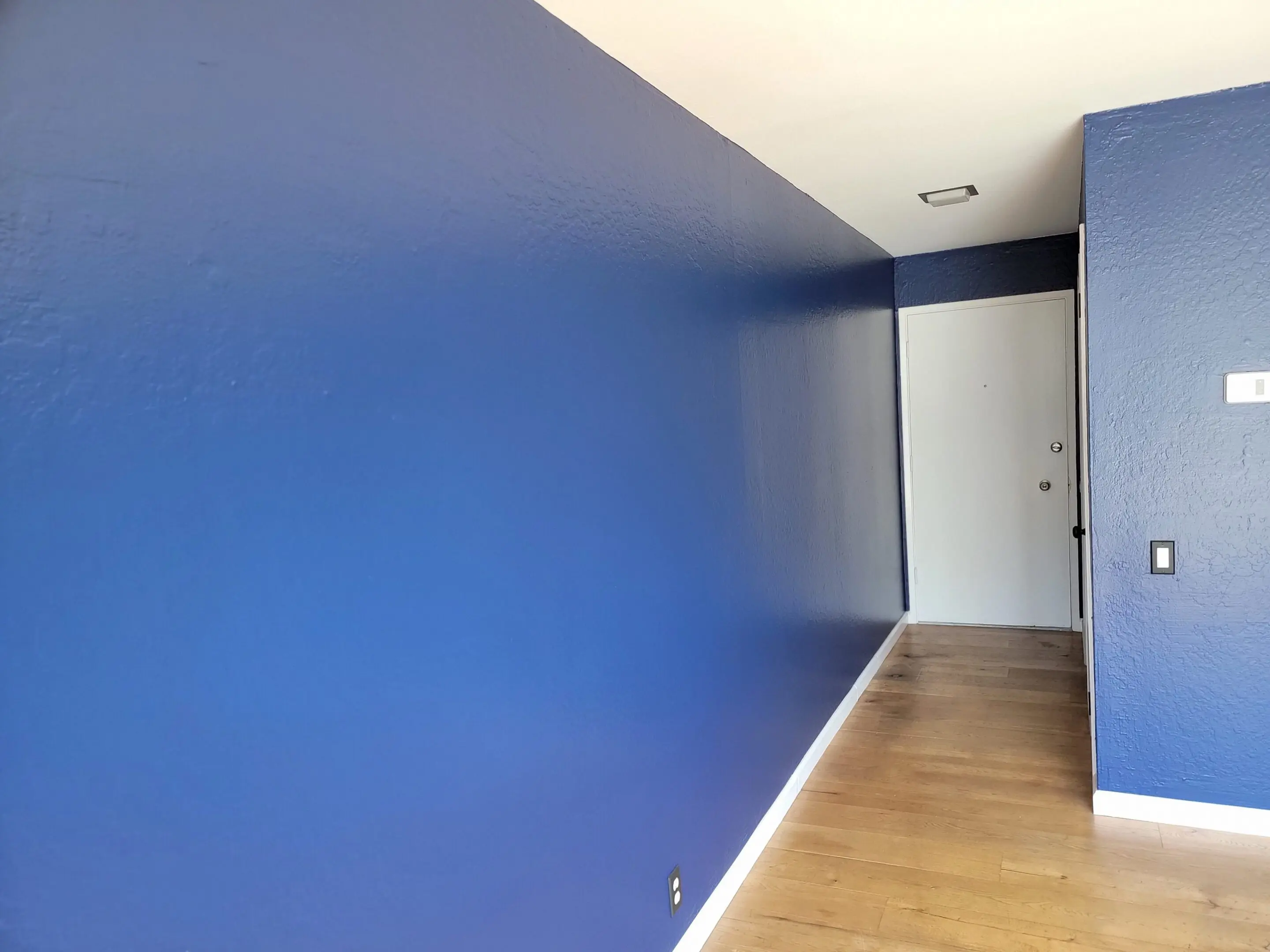 Empty room with a bold blue accent wall and wood flooring.