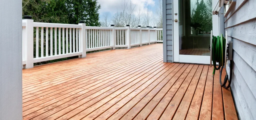 A clean wooden deck with white railing on a cloudy day.